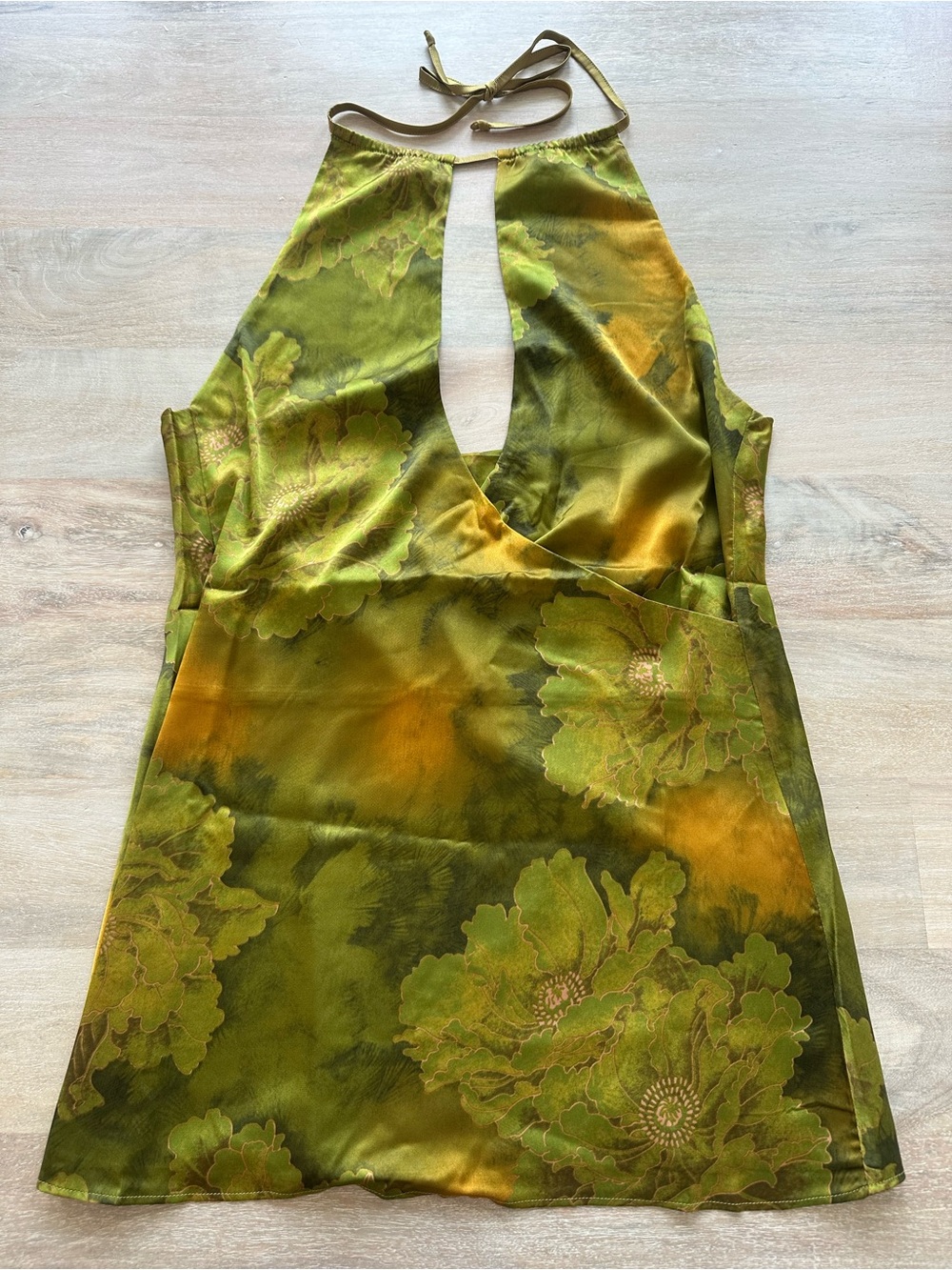 Tiger Mist Olive Green and Mustard Floral Halter Mini Dress